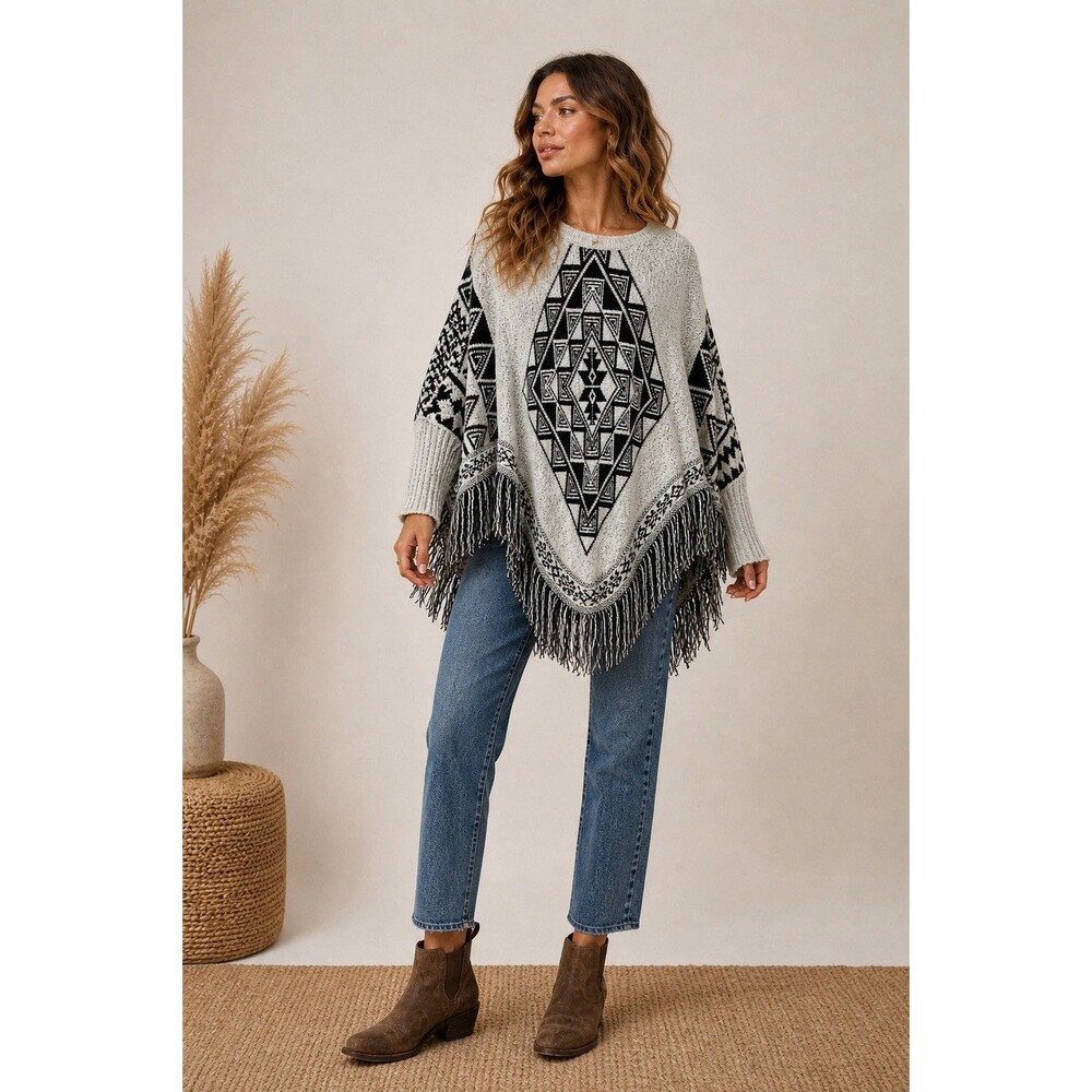 Olivia Sky Poncho Sweater Fringe Aztec Black White Boho S/M